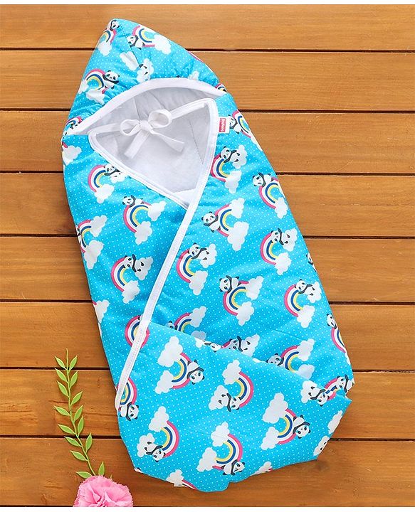 Babyhug 100% Cotton Hooded Quilted Wrapper Panda Print - Blue