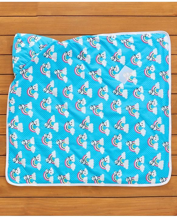 Babyhug 100% Cotton Hooded Quilted Wrapper Panda Print - Blue