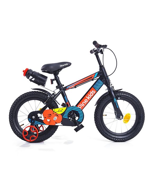 Pine Kids 14 Inch Rubber Air Tyres 99% Assembled Bicycle For Boys & Girls With Training Wheels  - Black
