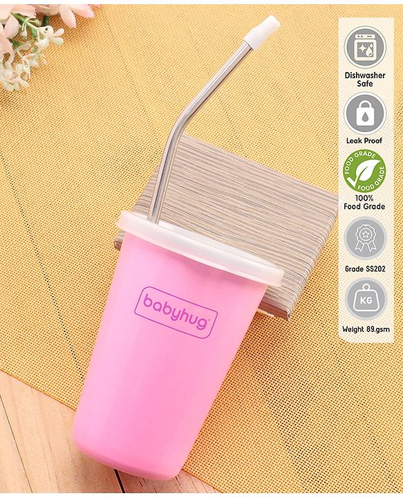 Babyhug Stainless Steel Tumbler With Airtight Lids & Straw Pink - 300 ml