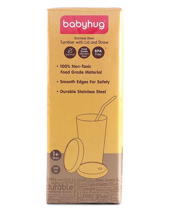Babyhug Stainless Steel Tumbler With Airtight Lids & Straw Pink - 300 ml