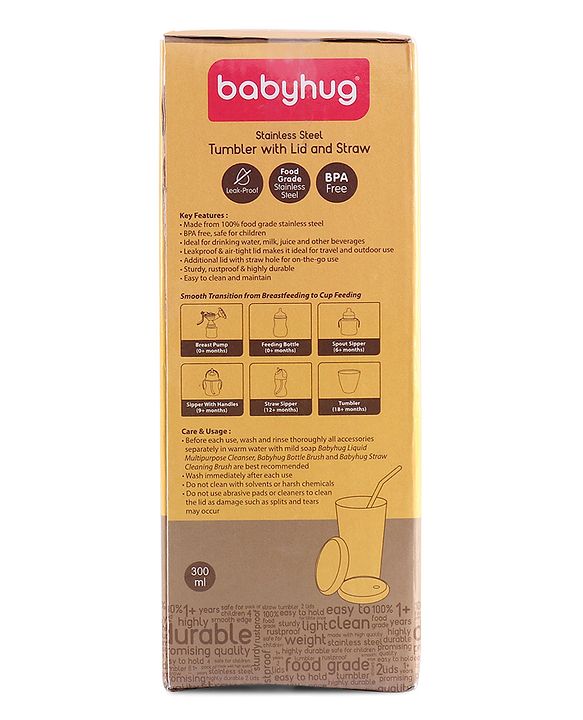Babyhug Stainless Steel Tumbler With Airtight Lids & Straw Pink - 300 ml
