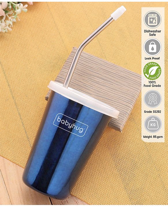 Babyhug Stainless Steel Tumbler With Airtight Lids & Straw Blue - 300 ml