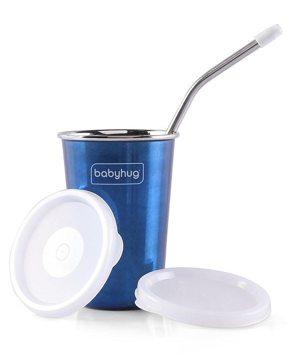 Babyhug Stainless Steel Tumbler With Airtight Lids & Straw Blue - 300 ml