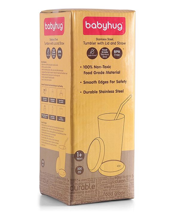 Babyhug Stainless Steel Tumbler With Airtight Lids & Straw Blue - 300 ml