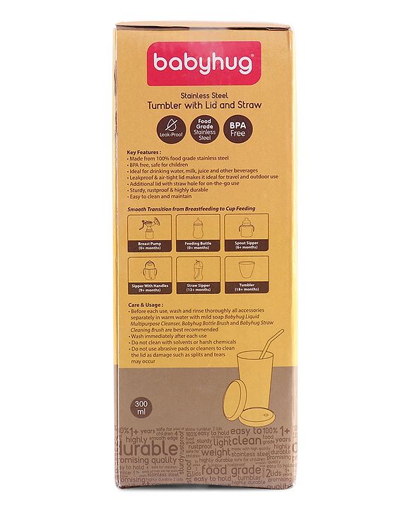 Babyhug Stainless Steel Tumbler With Airtight Lids & Straw Blue - 300 ml