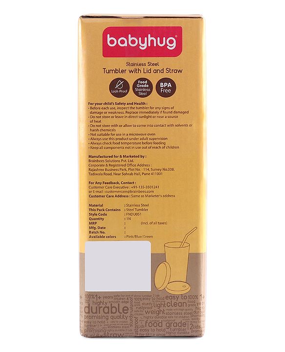 Babyhug Stainless Steel Tumbler With Airtight Lids & Straw Blue - 300 ml