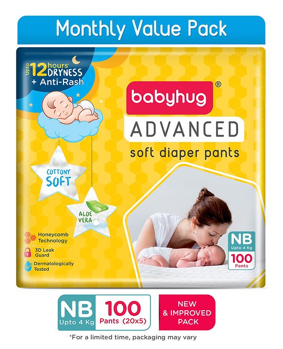 Babyhug Advanced Pant Style Diapers Monthly Box Pack New Born (NB) Size - 100 Pieces