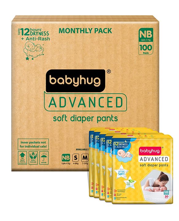 Babyhug Advanced Pant Style Diapers Monthly Box Pack New Born (NB) Size - 100 Pieces