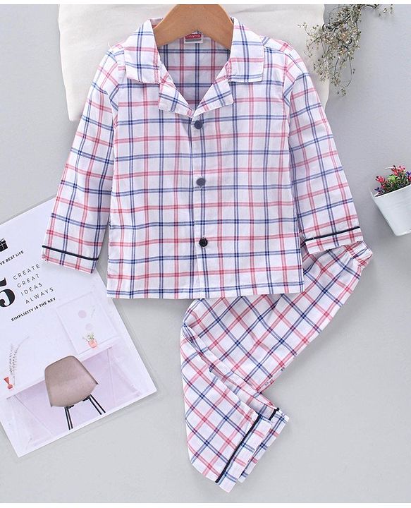 Babyhug Full Sleeves Night Suit Checks - White