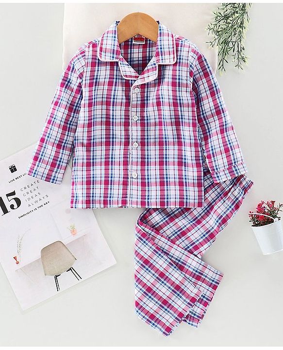 Babyhug Full Sleeves Woven Checked Night Suit - Multicolor