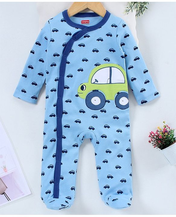 Babyhug Full Sleeves Foooted Sleepsuit Car Print - Blue
