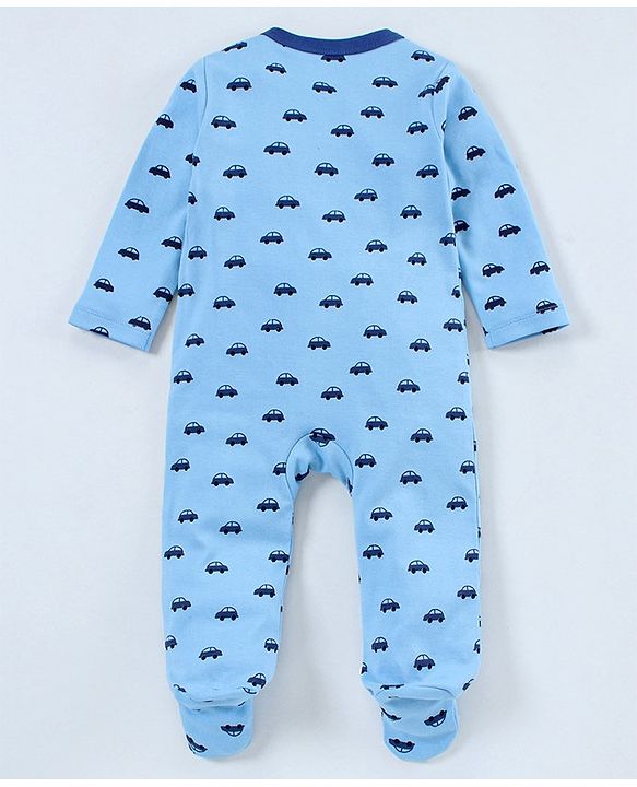 Babyhug Full Sleeves Foooted Sleepsuit Car Print - Blue