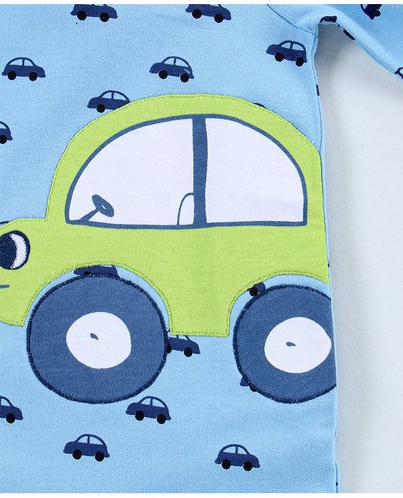 Babyhug Full Sleeves Foooted Sleepsuit Car Print - Blue