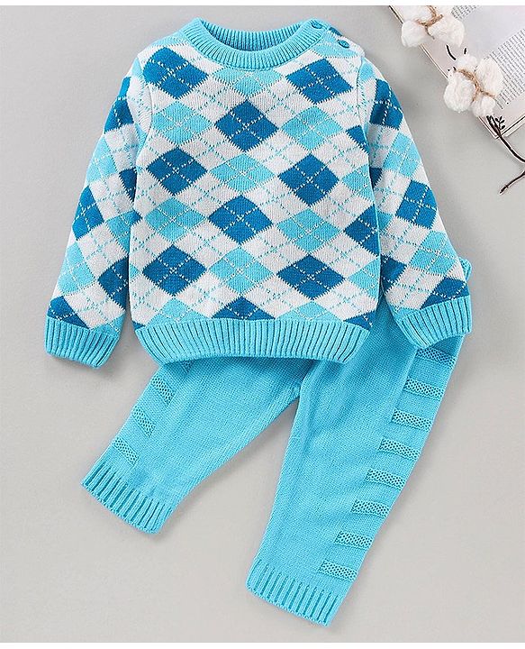 Babyhug Full Sleeves Intarsia Knitted Sweater Set - Blue