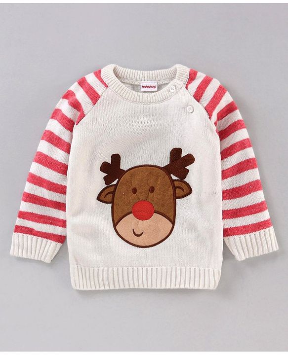 Babyhug Full Sleeves Stripe Sweater & Bottom Reindeer Embroidery - White Red