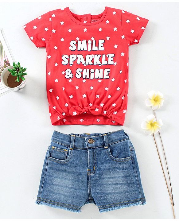 Babyhug Short Sleeves Top & Denim Shorts Text & Star Print - Red Blue