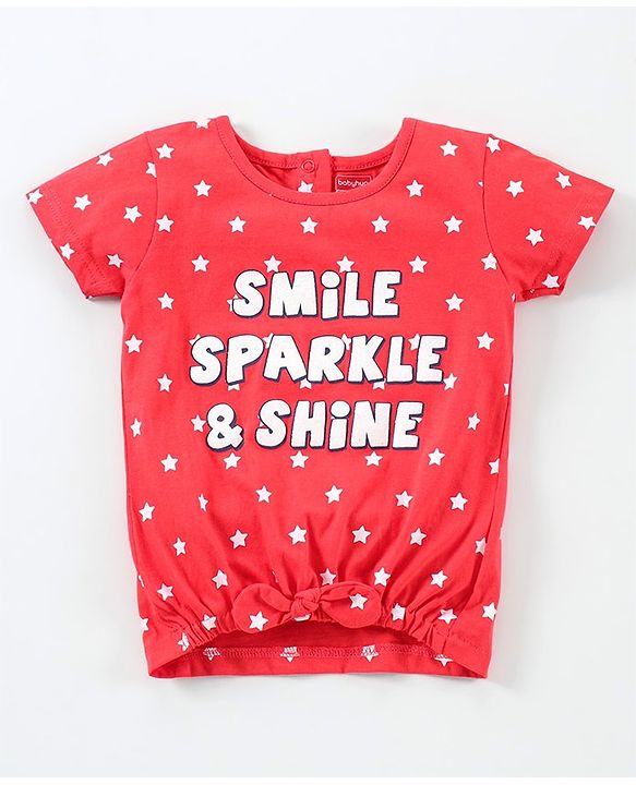 Babyhug Short Sleeves Top & Denim Shorts Text & Star Print - Red Blue