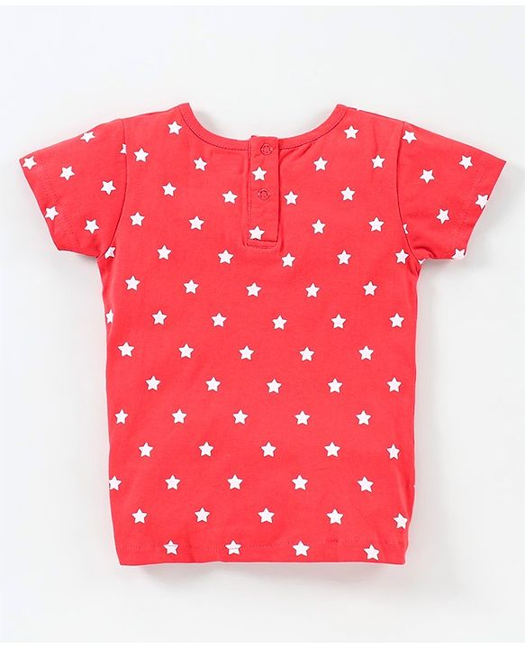 Babyhug Short Sleeves Top & Denim Shorts Text & Star Print - Red Blue