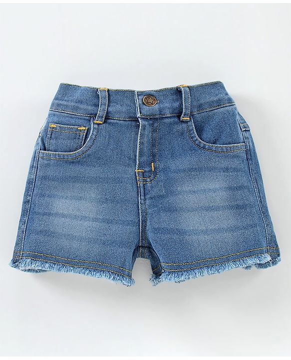 Babyhug Short Sleeves Top & Denim Shorts Text & Star Print - Red Blue