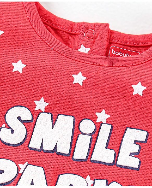 Babyhug Short Sleeves Top & Denim Shorts Text & Star Print - Red Blue
