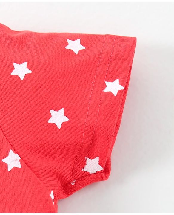 Babyhug Short Sleeves Top & Denim Shorts Text & Star Print - Red Blue