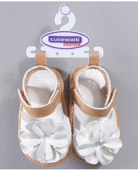 Cute Walk by Babyhug Booties Floral Applique - White Light Brown