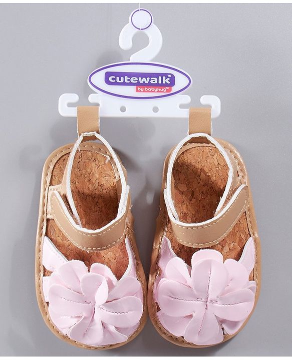 Cute Walk by Babyhug Booties Floral Applique - Light Brown & Pink