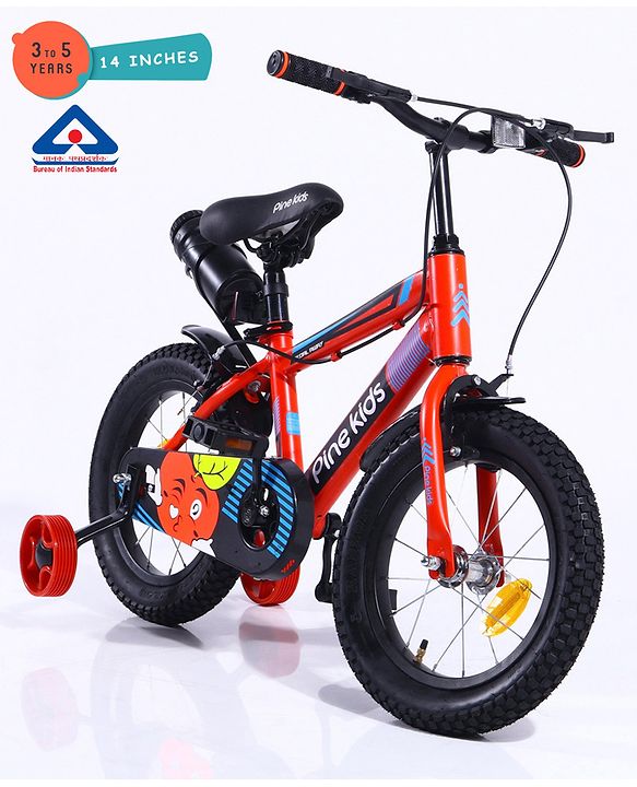 Pine Kids 14 Inch Rubber Air Tyres 99% Assembled Bicycle For Boys & Girls With Training Wheels  - Red