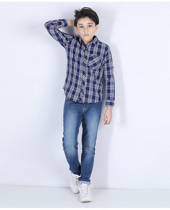Pine Kids Full Sleeves Shoftner Wash Shirts Checks - Blue