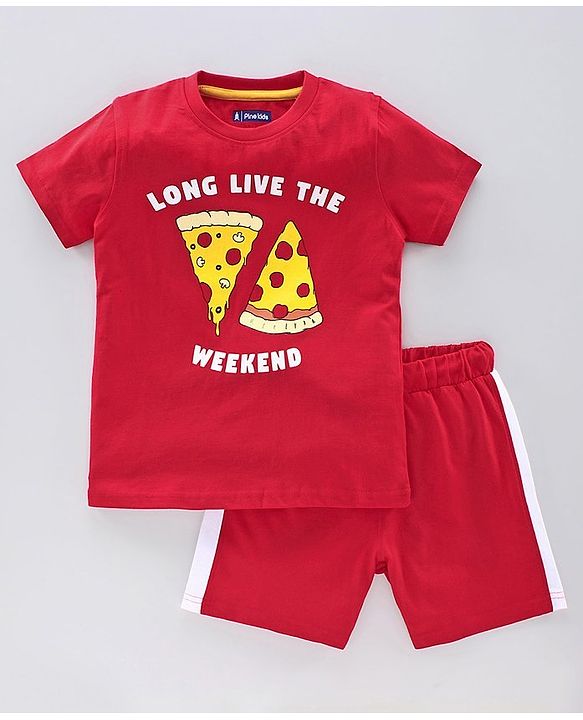 Pine Kids Half Sleeves Bio Washed T-Shirt & Shorts Set Pizza Print - Red