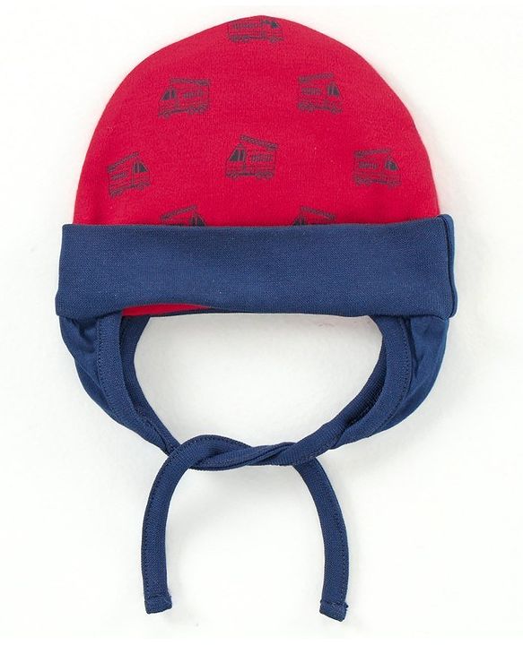 Babyhug 100%Cotton Cap With Tie Knot Style Fire Brigade Print  Red - Diameter 9.5 cm