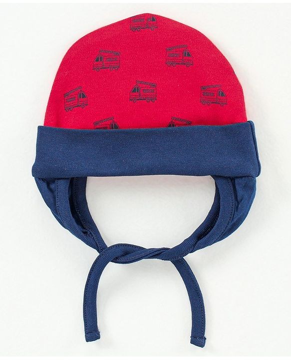 Babyhug 100%Cotton Cap With Tie Knot Style Fire Brigade Print  Red - Diameter 9.5 cm