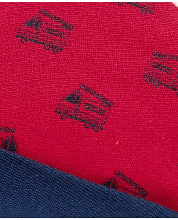Babyhug 100%Cotton Cap With Tie Knot Style Fire Brigade Print  Red - Diameter 9.5 cm