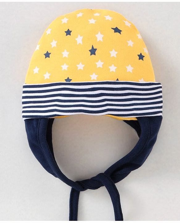 Babyhug 100% Cotton Tie Knot Cap Star Print Yellow - Diameter 10 cm