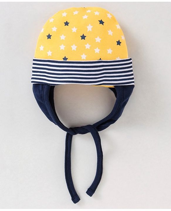 Babyhug 100% Cotton Tie Knot Cap Star Print Yellow - Diameter 10 cm