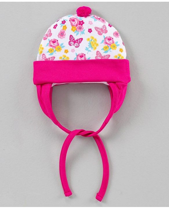 Babyhug 100%Cotton Cap With Tie Knot Style Floral & Butterfly Print  Pink  - Diameter 9.5 cm