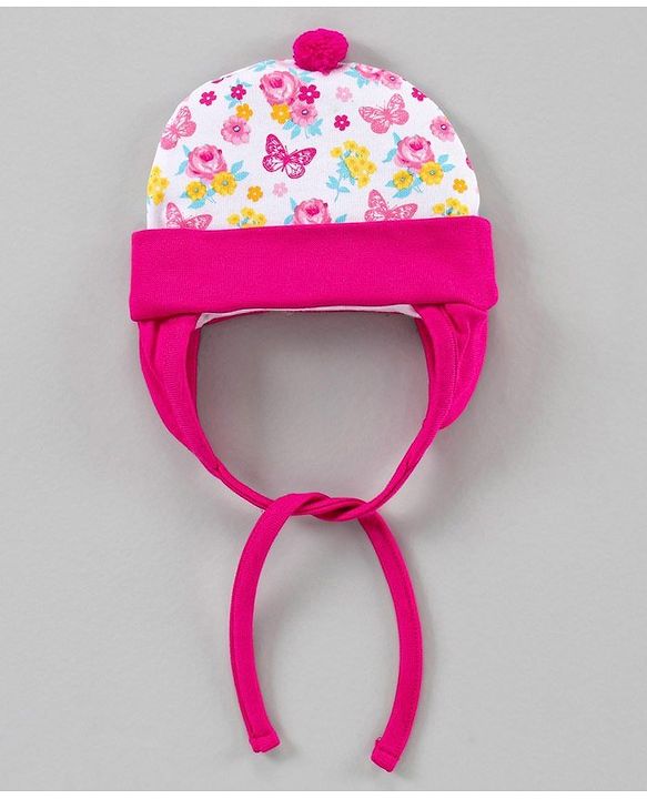 Babyhug 100%Cotton Cap With Tie Knot Style Floral & Butterfly Print  Pink  - Diameter 9.5 cm