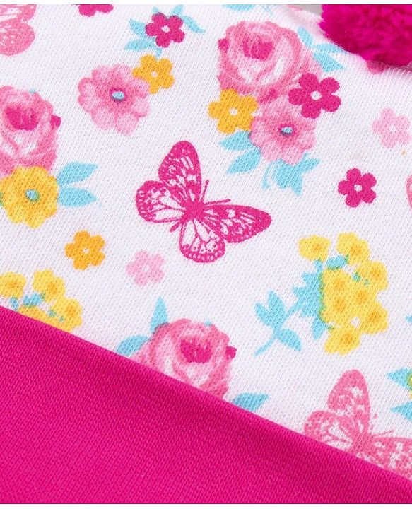 Babyhug 100%Cotton Cap With Tie Knot Style Floral & Butterfly Print  Pink  - Diameter 9.5 cm