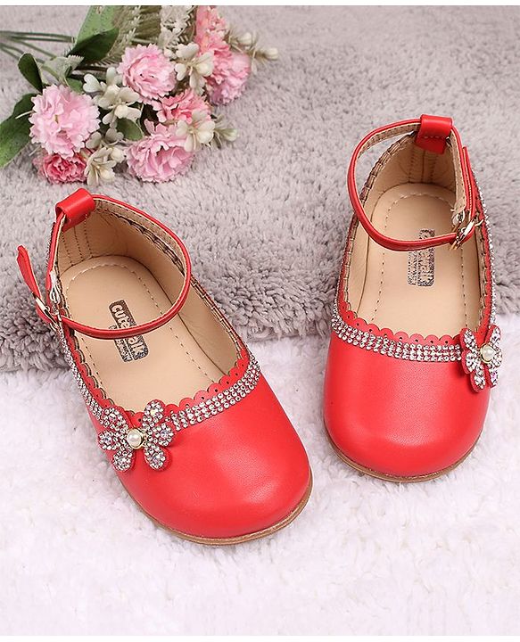 Cute Walk by Babyhug Party Wear Belly Shoes Studded Floral Detailing - Red