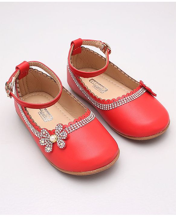 Cute Walk by Babyhug Party Wear Belly Shoes Studded Floral Detailing - Red