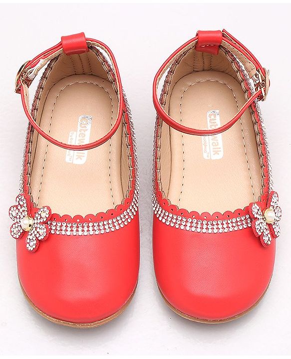 Cute Walk by Babyhug Party Wear Belly Shoes Studded Floral Detailing - Red