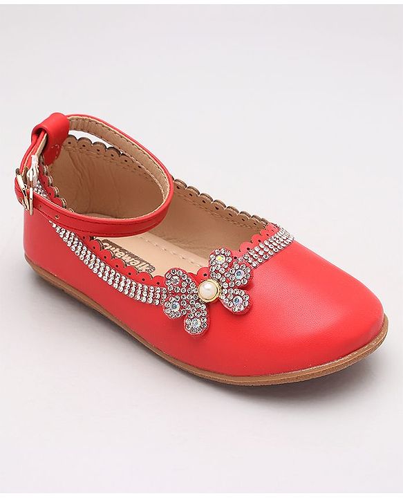 Cute Walk by Babyhug Party Wear Belly Shoes Studded Floral Detailing - Red