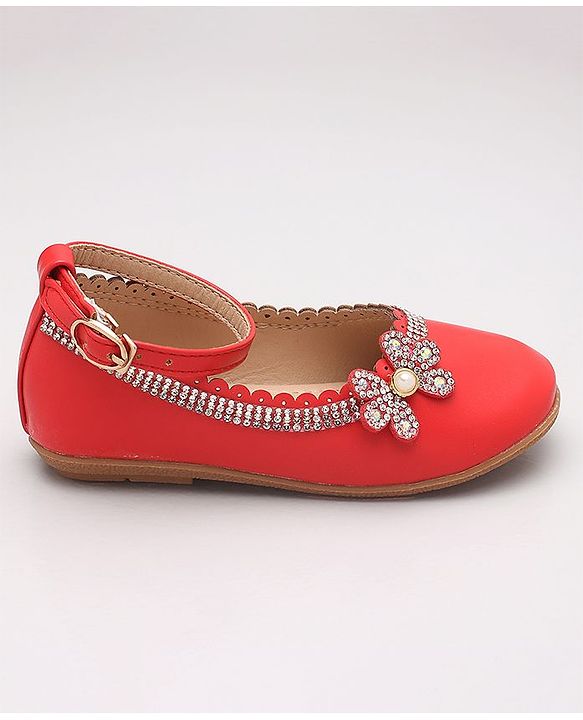 Cute Walk by Babyhug Party Wear Belly Shoes Studded Floral Detailing - Red