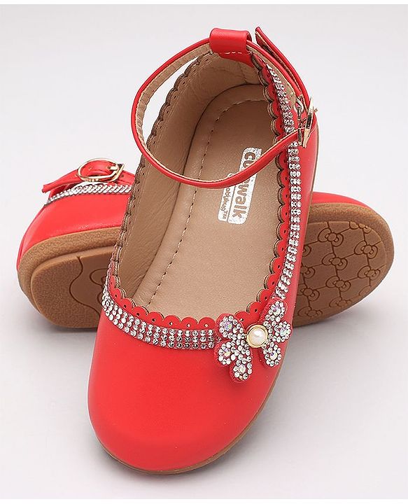 Cute Walk by Babyhug Party Wear Belly Shoes Studded Floral Detailing - Red