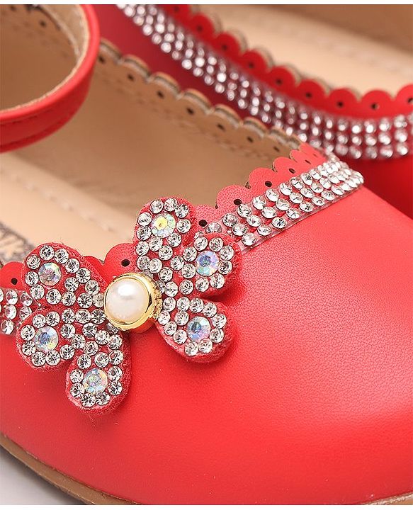 Cute Walk by Babyhug Party Wear Belly Shoes Studded Floral Detailing - Red