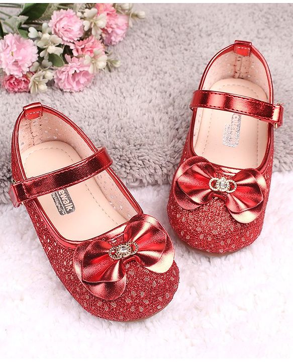 Cute Walk By Babyhug Belly Shoes Studded Bow Applique - Red