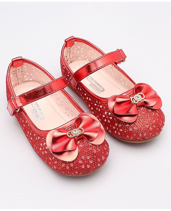 Cute Walk By Babyhug Belly Shoes Studded Bow Applique - Red