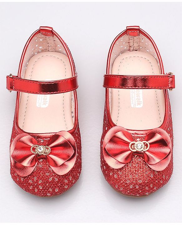 Cute Walk By Babyhug Belly Shoes Studded Bow Applique - Red