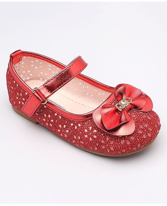 Cute Walk By Babyhug Belly Shoes Studded Bow Applique - Red